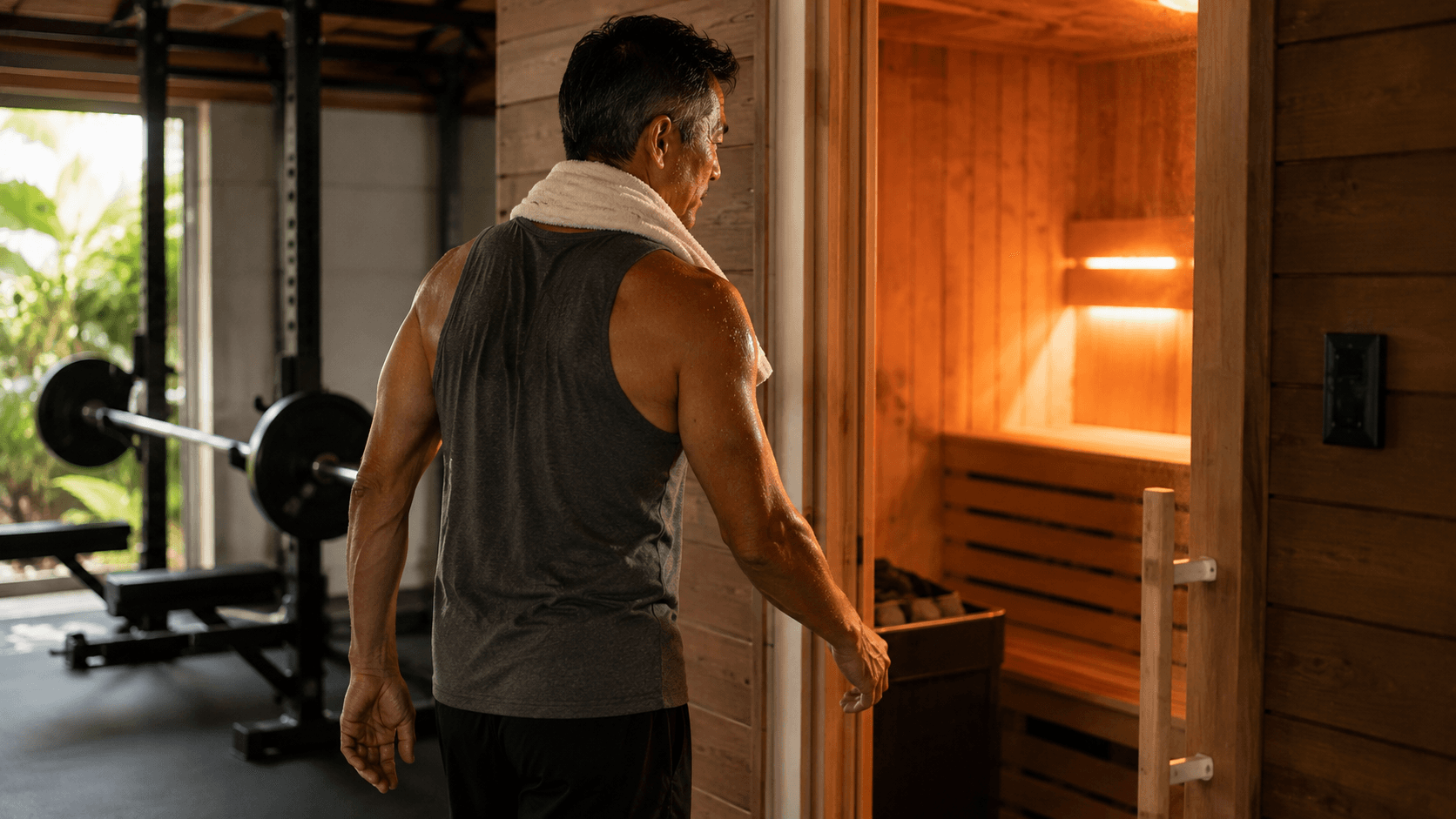 A man with a towel over his shoulder walking from a home gym straight into a glowing sauna