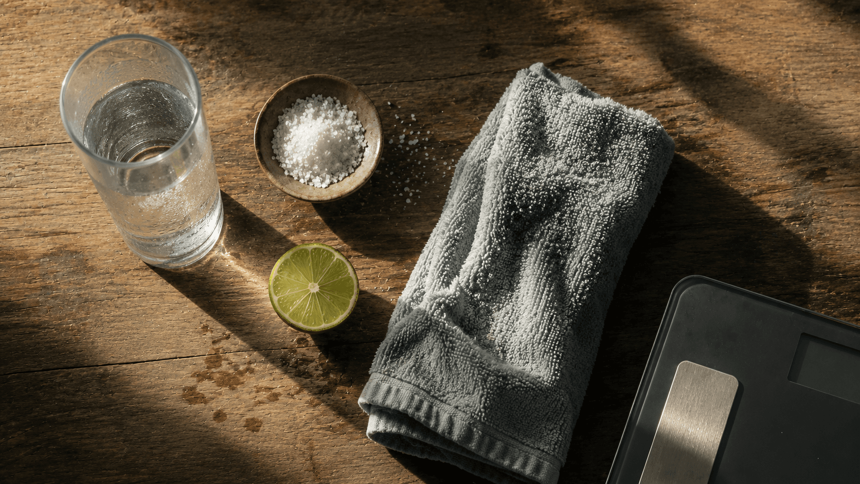 A glass of water, a bowl of salt, half a lime, a folded towel, and a scale laid out on a wooden table