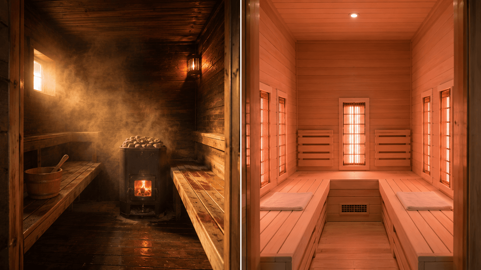 Split view comparing a dark traditional wood sauna with a glowing stove on the left to a bright infrared panel sauna on the right