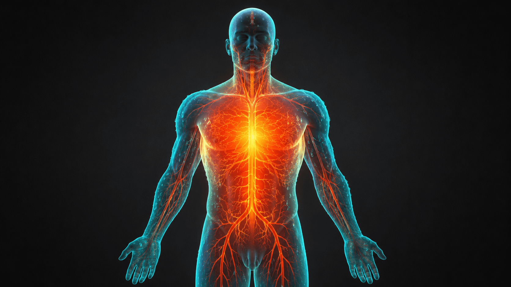 A glowing anatomical illustration of a man's circulatory system, heat radiating outward from the chest and core