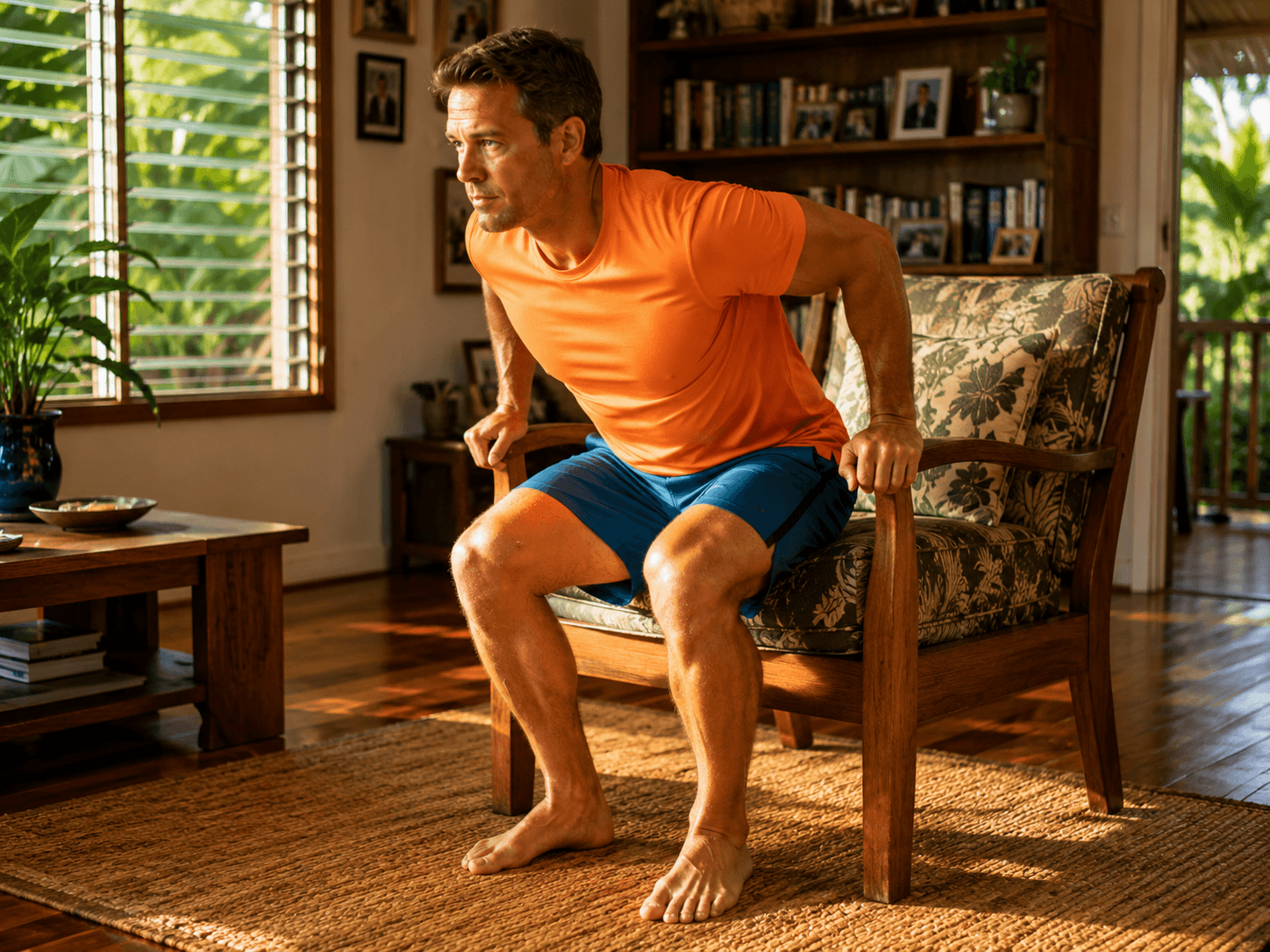 An older man, mid-60s, using the armrests to help himself up from a chair in a comfortable local living room. Not straining, just using what he needs. His expression is matter-of-fact, not embarrassed. A lauhala mat on the wood floor beneath him.