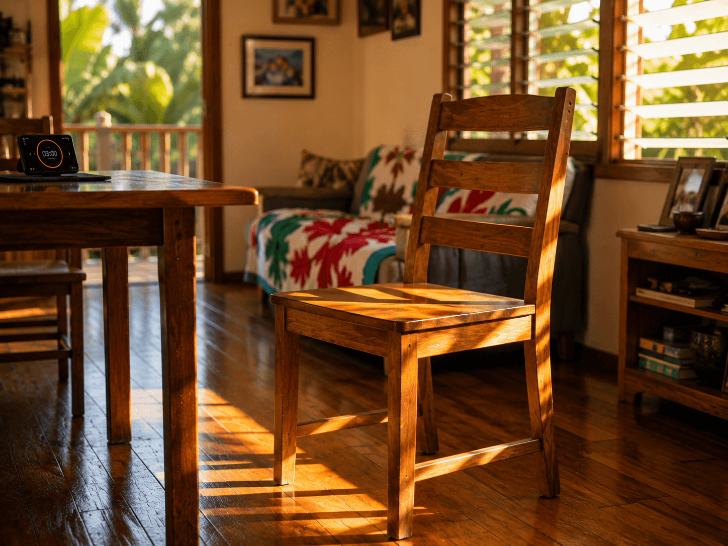 Low-angle shot looking slightly up at a plain dining chair on a warm wood floor. Nobody in the chair. A phone rests face-up on the table behind it with a timer ready to start.
