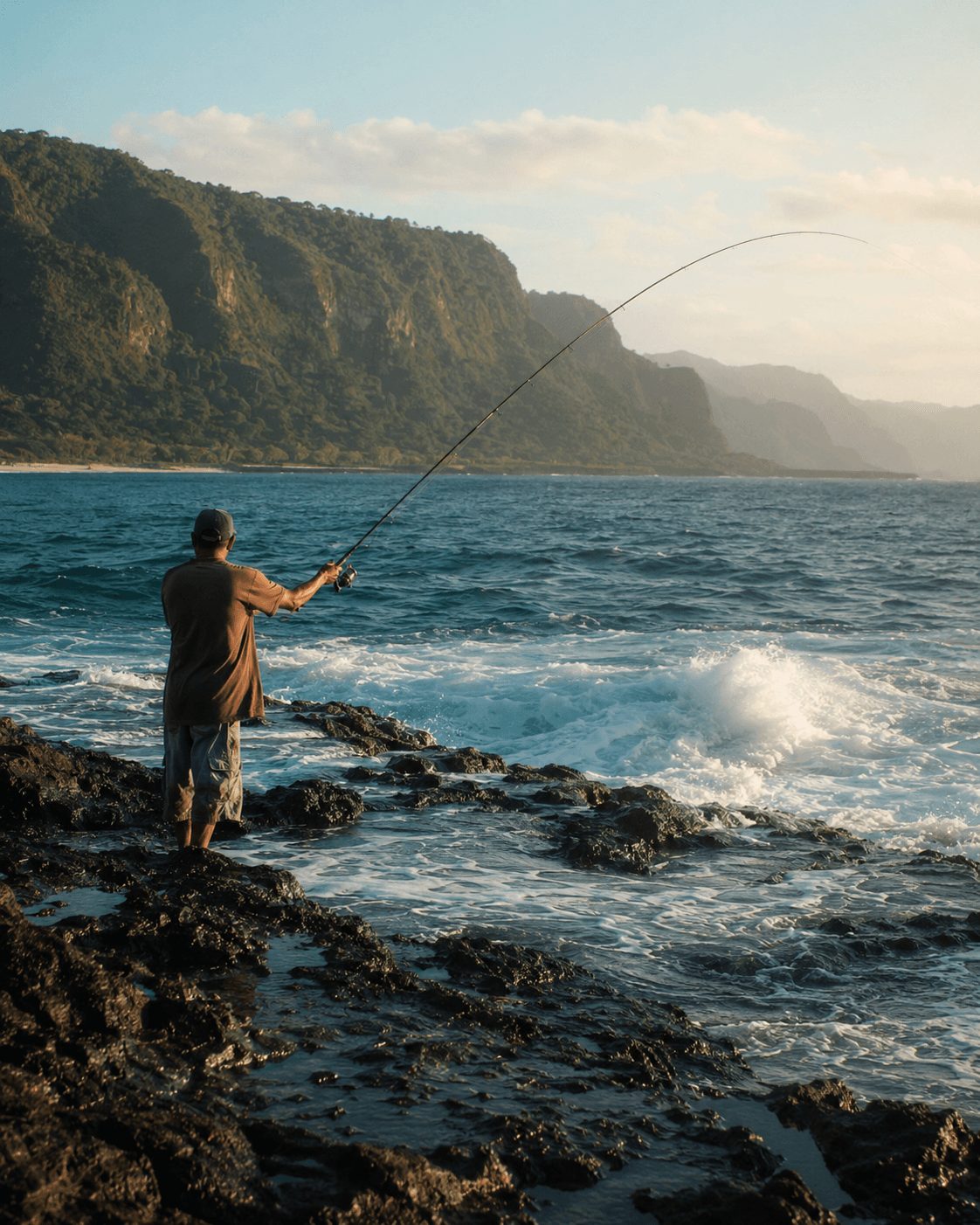 A man fishing off volcanic rocks at sunrise